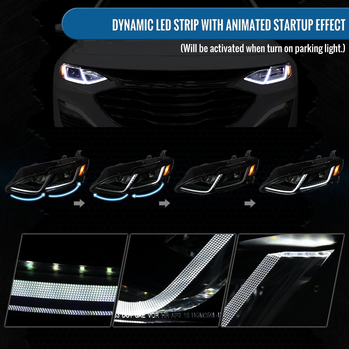 Ronnin - Fits 2019-2024 Chevy Malibu Full LED Projector Headlights Switchback Sequential Turn Signal + Animated Startup Effect Lamps Assembly Pair | Black Smoke