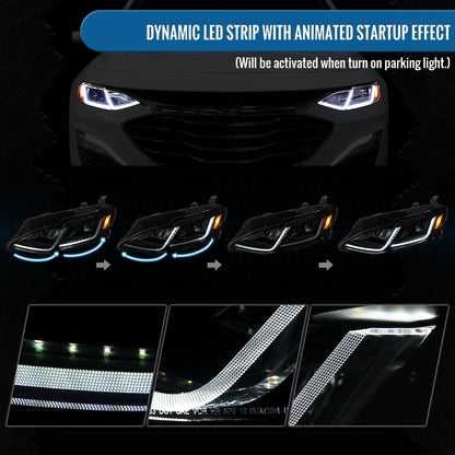 Ronnin - Fits 2019-2024 Chevy Malibu Full LED Projector Headlights Switchback Sequential Turn Signal + Animated Startup Effect Lamps Assembly Pair | Black Smoke