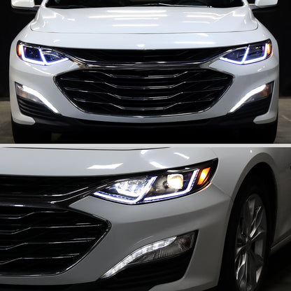 Ronnin - Fits 2019-2024 Chevy Malibu Full LED Projector Headlights Switchback Sequential Turn Signal + Animated Startup Effect Lamps Assembly Pair | Black Smoke