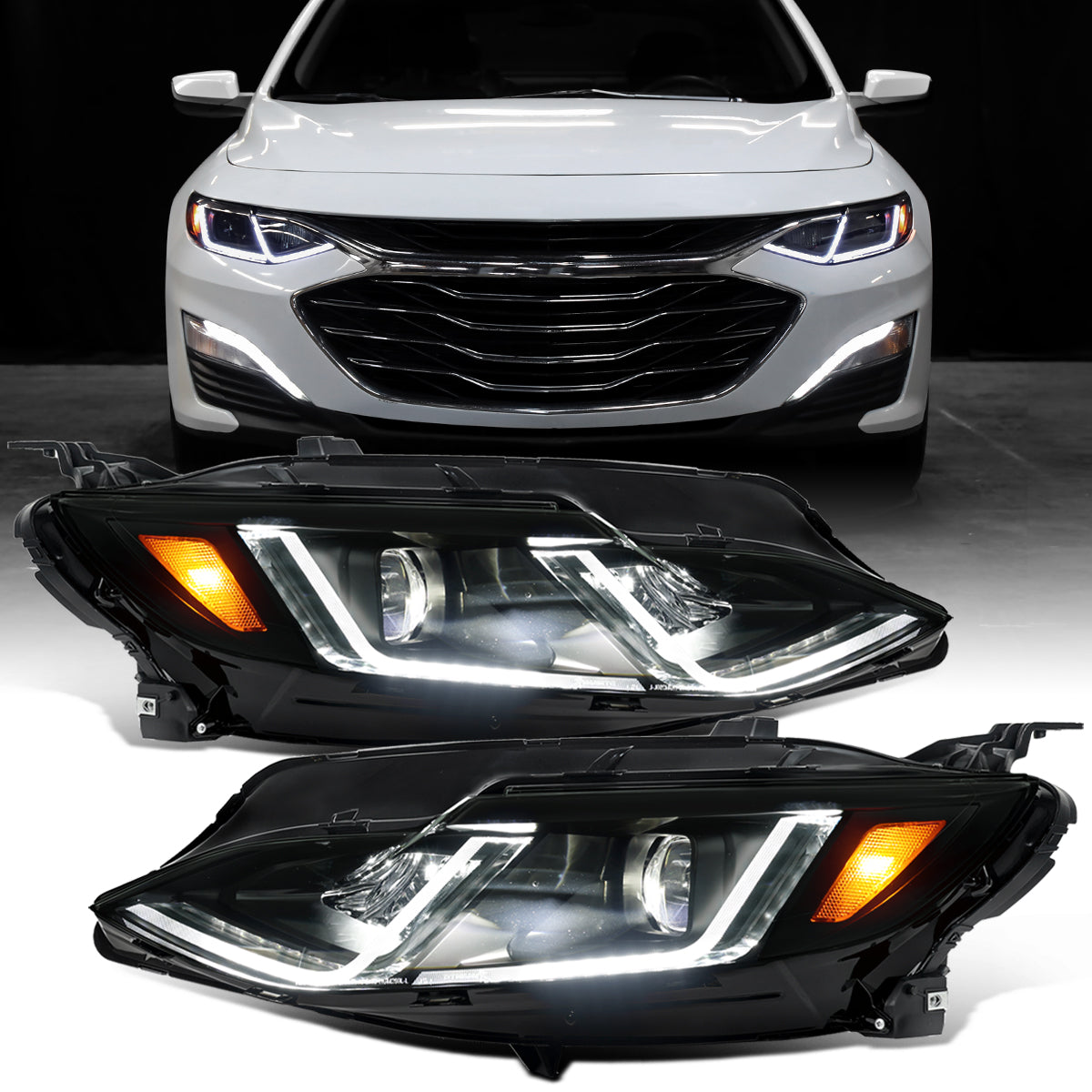 Ronnin - Fits 2019-2024 Chevy Malibu Full LED Projector Headlights Switchback Sequential Turn Signal + Animated Startup Effect Lamps Assembly Pair | Black Smoke