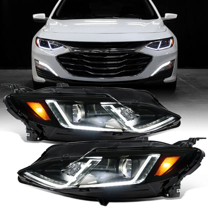 Ronnin - Fits 2019-2024 Chevy Malibu Full LED Projector Headlights Switchback Sequential Turn Signal + Animated Startup Effect Lamps Assembly Pair | Black Smoke