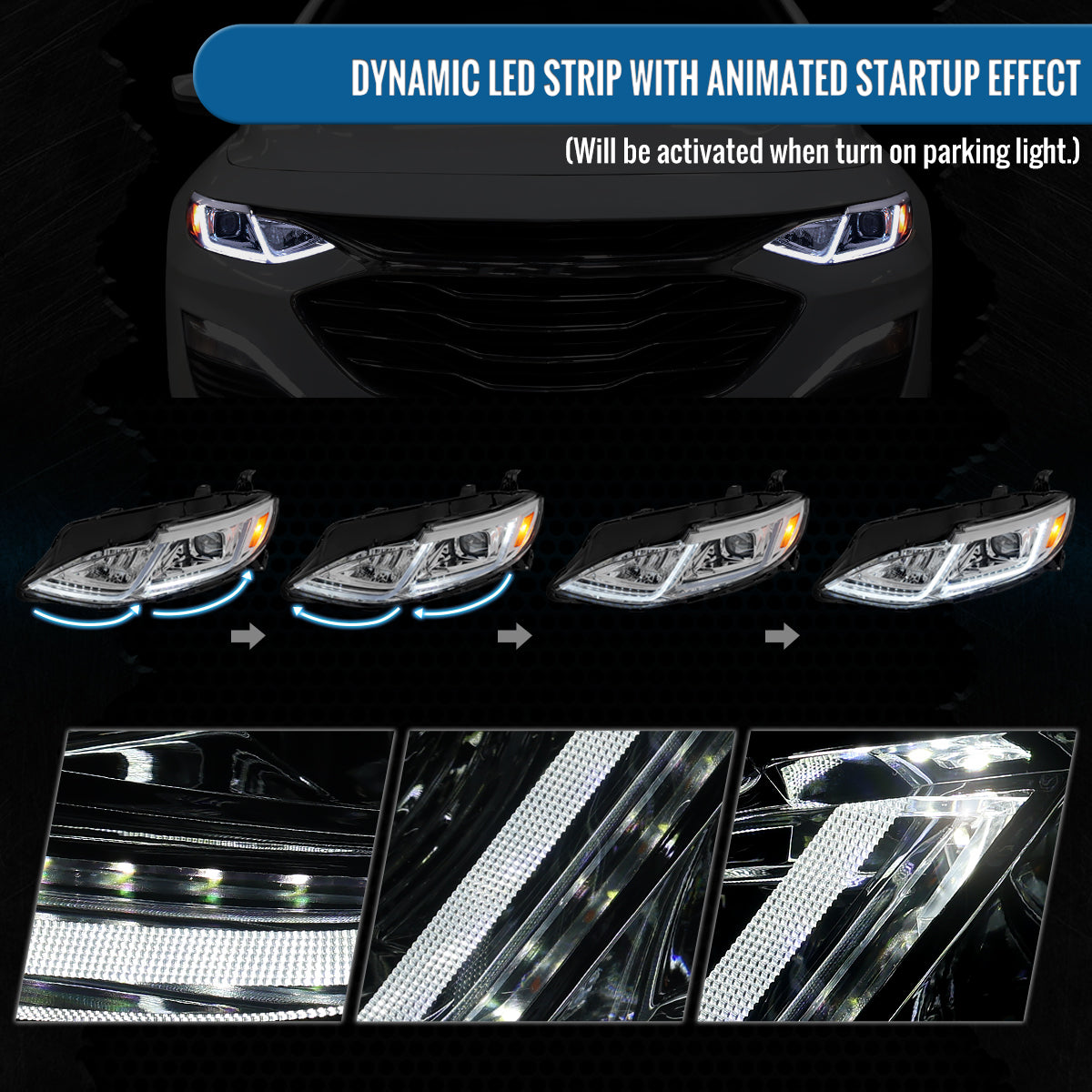 Ronnin - Fits 2019-2024 Chevy Malibu Full LED Projector Headlights Switchback Sequential Turn Signal + Animated Startup Effect Lamps Assembly Pair | Chrome