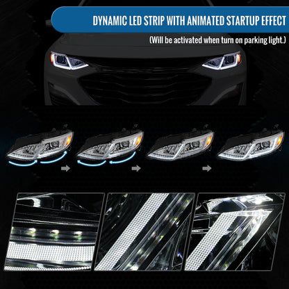 Ronnin - Fits 2019-2024 Chevy Malibu Full LED Projector Headlights Switchback Sequential Turn Signal + Animated Startup Effect Lamps Assembly Pair | Chrome
