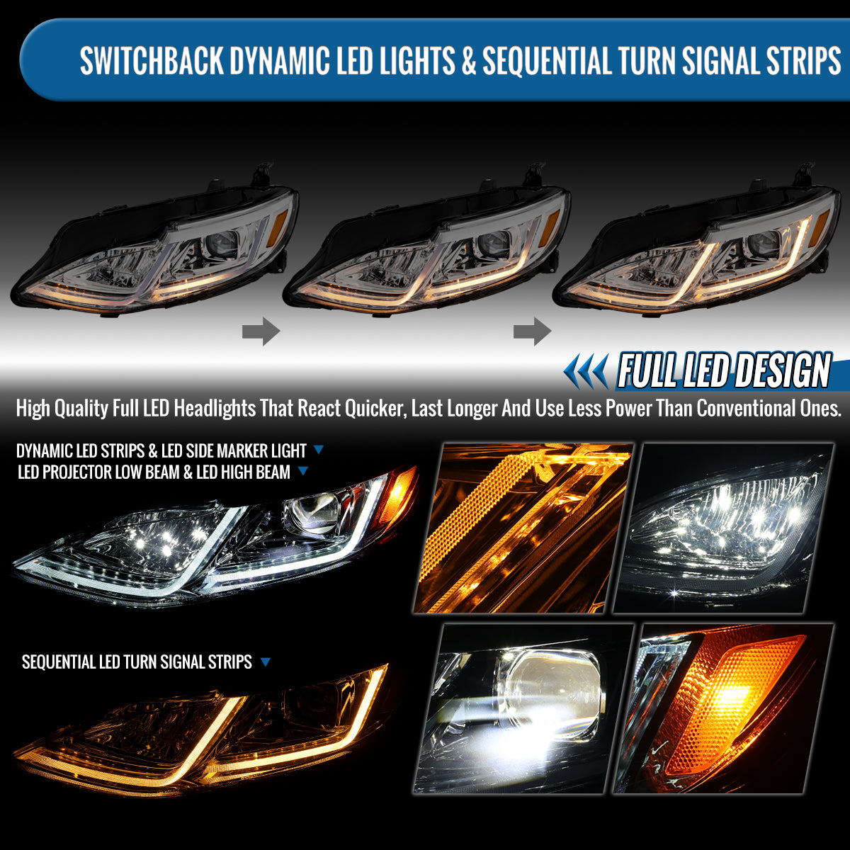 Ronnin - Fits 2019-2024 Chevy Malibu Full LED Projector Headlights Switchback Sequential Turn Signal + Animated Startup Effect Lamps Assembly Pair | Chrome