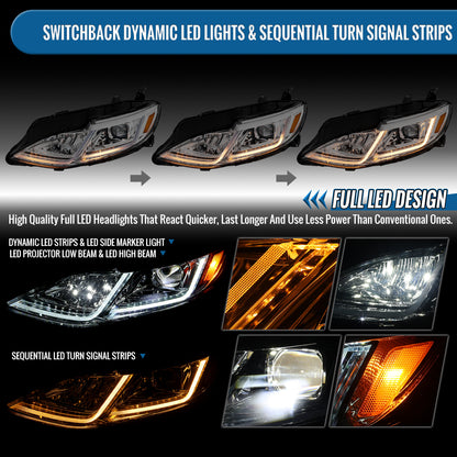 Ronnin - Fits 2019-2024 Chevy Malibu Full LED Projector Headlights Switchback Sequential Turn Signal + Animated Startup Effect Lamps Assembly Pair | Chrome