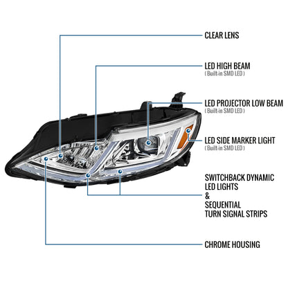 Ronnin - Fits 2019-2024 Chevy Malibu Full LED Projector Headlights Switchback Sequential Turn Signal + Animated Startup Effect Lamps Assembly Pair | Chrome