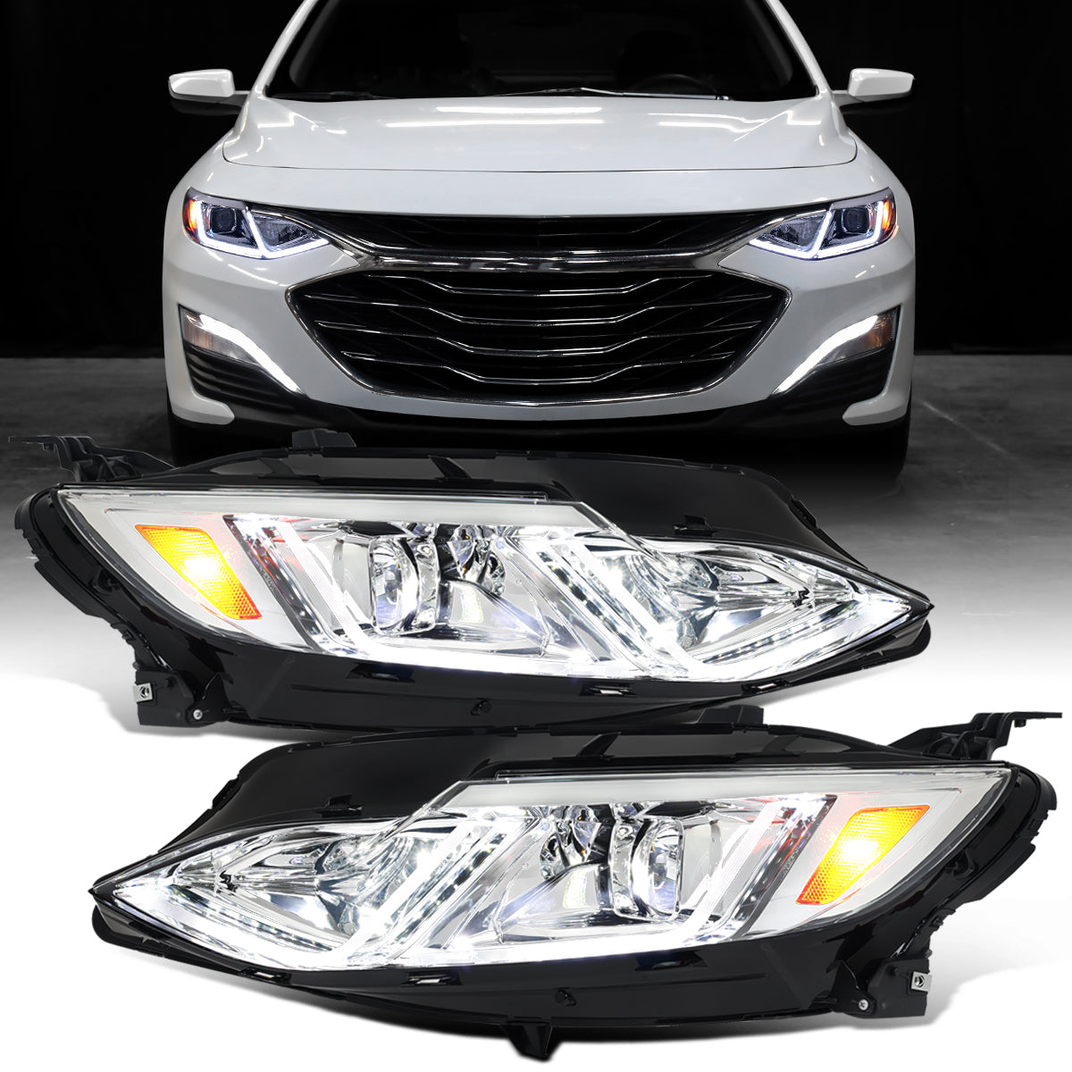 Ronnin - Fits 2019-2024 Chevy Malibu Full LED Projector Headlights Switchback Sequential Turn Signal + Animated Startup Effect Lamps Assembly Pair | Chrome