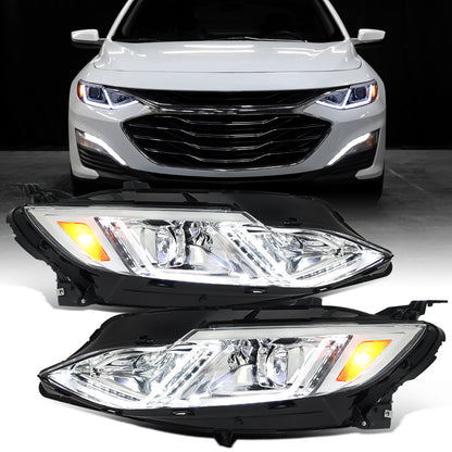 Ronnin - Fits 2019-2024 Chevy Malibu Full LED Projector Headlights Switchback Sequential Turn Signal + Animated Startup Effect Lamps Assembly Pair | Chrome