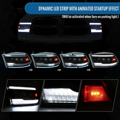 Ronnin - Fits 2009-2018 Ram 1500 2500 3500 Upgraded Full LED Triple Projector Headlights Switchback Sequential Signal + Animated Startup Effect Pair | Black
