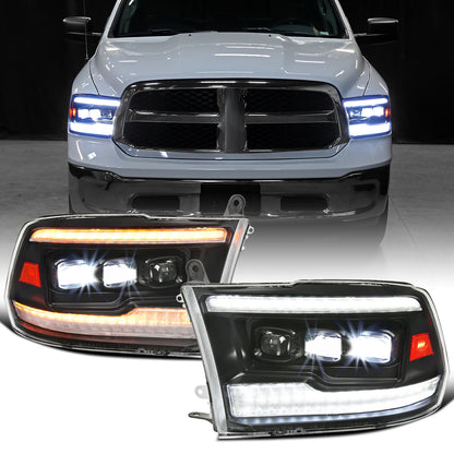 Ronnin - Fits 2009-2018 Ram 1500 2500 3500 Upgraded Full LED Triple Projector Headlights Switchback Sequential Signal + Animated Startup Effect Pair | Black