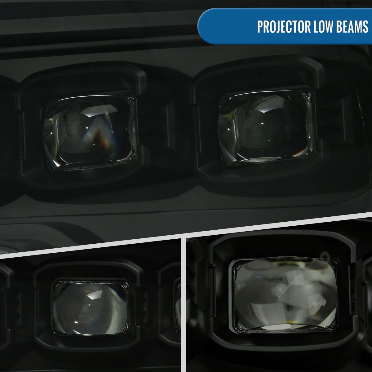 Ronnin - Fits 2009-2018 Ram 1500 2500 3500 2019-2024 Ram 1500 Classic Upgraded Full LED Triple Projector Headlights Switchback Sequential Signal + Animated Startup Effect Pair | Black Smoke