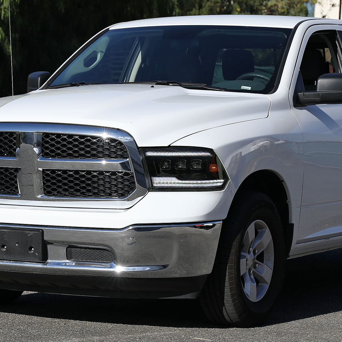 Ronnin - Fits 2009-2018 Ram 1500 2500 3500 2019-2024 Ram 1500 Classic Upgraded Full LED Triple Projector Headlights Switchback Sequential Signal + Animated Startup Effect Pair | Black Smoke