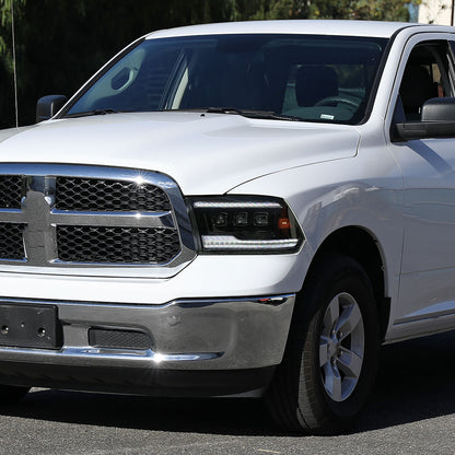 Ronnin - Fits 2009-2018 Ram 1500 2500 3500 2019-2024 Ram 1500 Classic Upgraded Full LED Triple Projector Headlights Switchback Sequential Signal + Animated Startup Effect Pair | Black Smoke