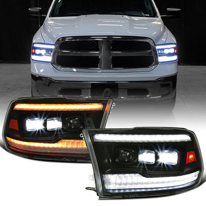 Ronnin - Fits 2009-2018 Ram 1500 2500 3500 2019-2024 Ram 1500 Classic Upgraded Full LED Triple Projector Headlights Switchback Sequential Signal + Animated Startup Effect Pair | Black Smoke