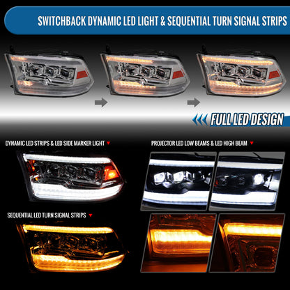 Ronnin - Fits 2009-2018 Ram 1500 2500 3500 2019-2024 Ram 1500 Classic Upgraded Full LED Triple Projector Headlights Switchback Sequential Signal + Animated Startup Effect Pair | Chrome