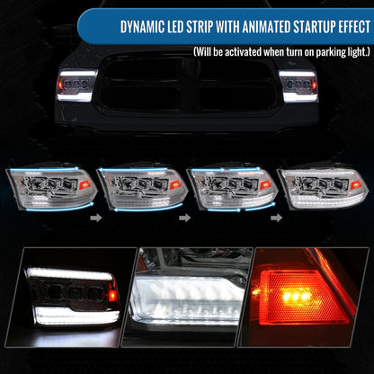 Ronnin - Fits 2009-2018 Ram 1500 2500 3500 2019-2024 Ram 1500 Classic Upgraded Full LED Triple Projector Headlights Switchback Sequential Signal + Animated Startup Effect Pair | Chrome