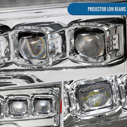 Ronnin - Fits 2009-2018 Ram 1500 2500 3500 2019-2024 Ram 1500 Classic Upgraded Full LED Triple Projector Headlights Switchback Sequential Signal + Animated Startup Effect Pair | Chrome