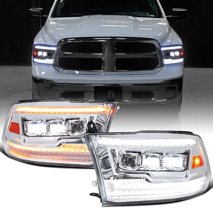 Ronnin - Fits 2009-2018 Ram 1500 2500 3500 2019-2024 Ram 1500 Classic Upgraded Full LED Triple Projector Headlights Switchback Sequential Signal + Animated Startup Effect Pair | Chrome