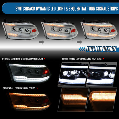 Ronnin - Fits 2009-2018 Ram 1500 2500 3500 2019-2024 Ram 1500 Classic Upgraded Full LED Triple Projector Headlights Switchback Sequential Signal + Animated Startup Effect Pair | White