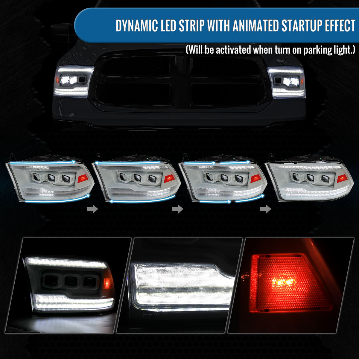 Ronnin - Fits 2009-2018 Ram 1500 2500 3500 2019-2024 Ram 1500 Classic Upgraded Full LED Triple Projector Headlights Switchback Sequential Signal + Animated Startup Effect Pair | White