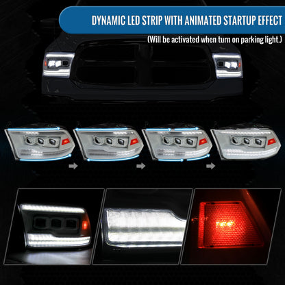 Ronnin - Fits 2009-2018 Ram 1500 2500 3500 2019-2024 Ram 1500 Classic Upgraded Full LED Triple Projector Headlights Switchback Sequential Signal + Animated Startup Effect Pair | White