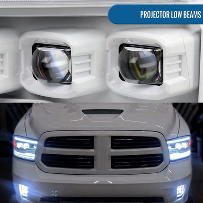 Ronnin - Fits 2009-2018 Ram 1500 2500 3500 2019-2024 Ram 1500 Classic Upgraded Full LED Triple Projector Headlights Switchback Sequential Signal + Animated Startup Effect Pair | White