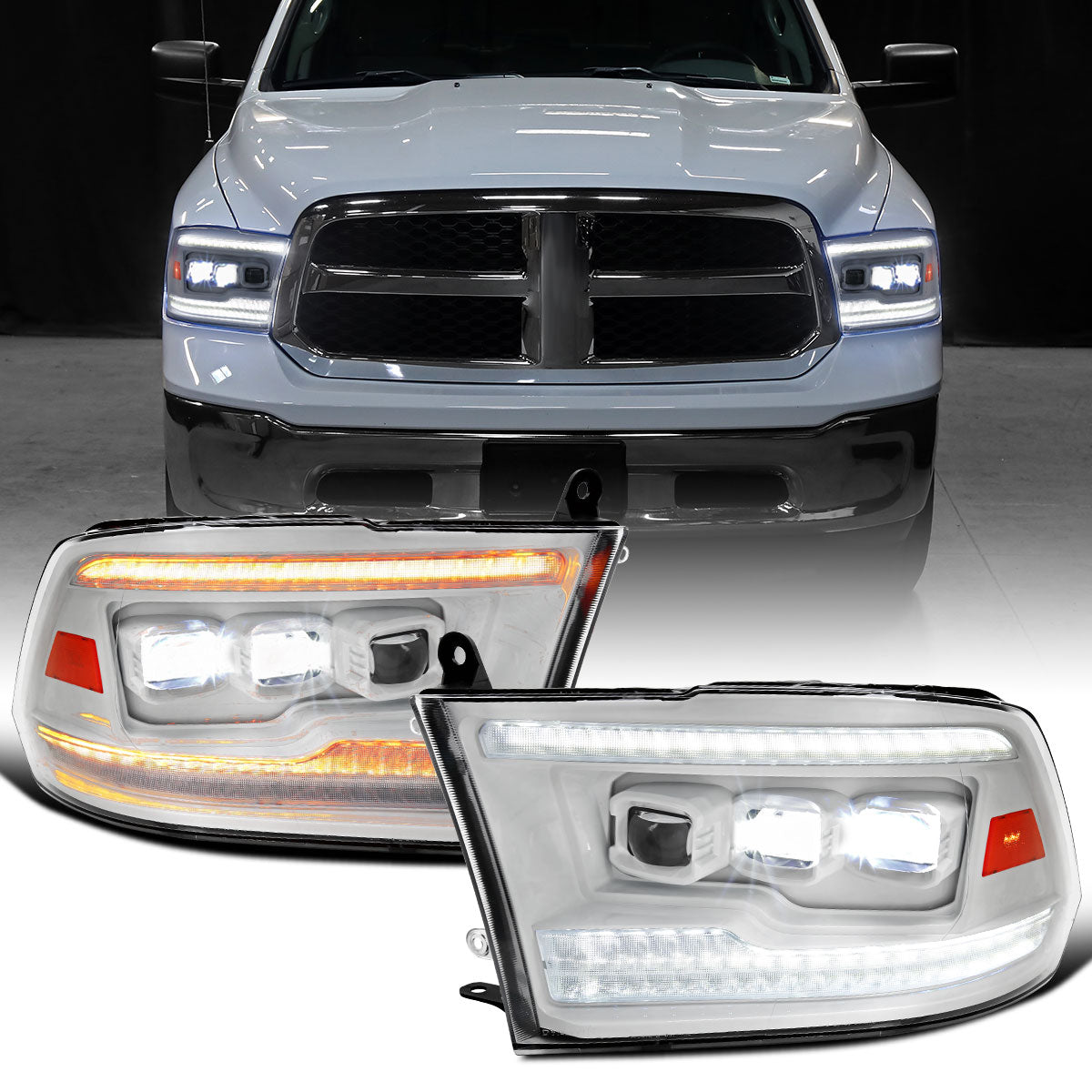 Ronnin - Fits 2009-2018 Ram 1500 2500 3500 2019-2024 Ram 1500 Classic Upgraded Full LED Triple Projector Headlights Switchback Sequential Signal + Animated Startup Effect Pair | White