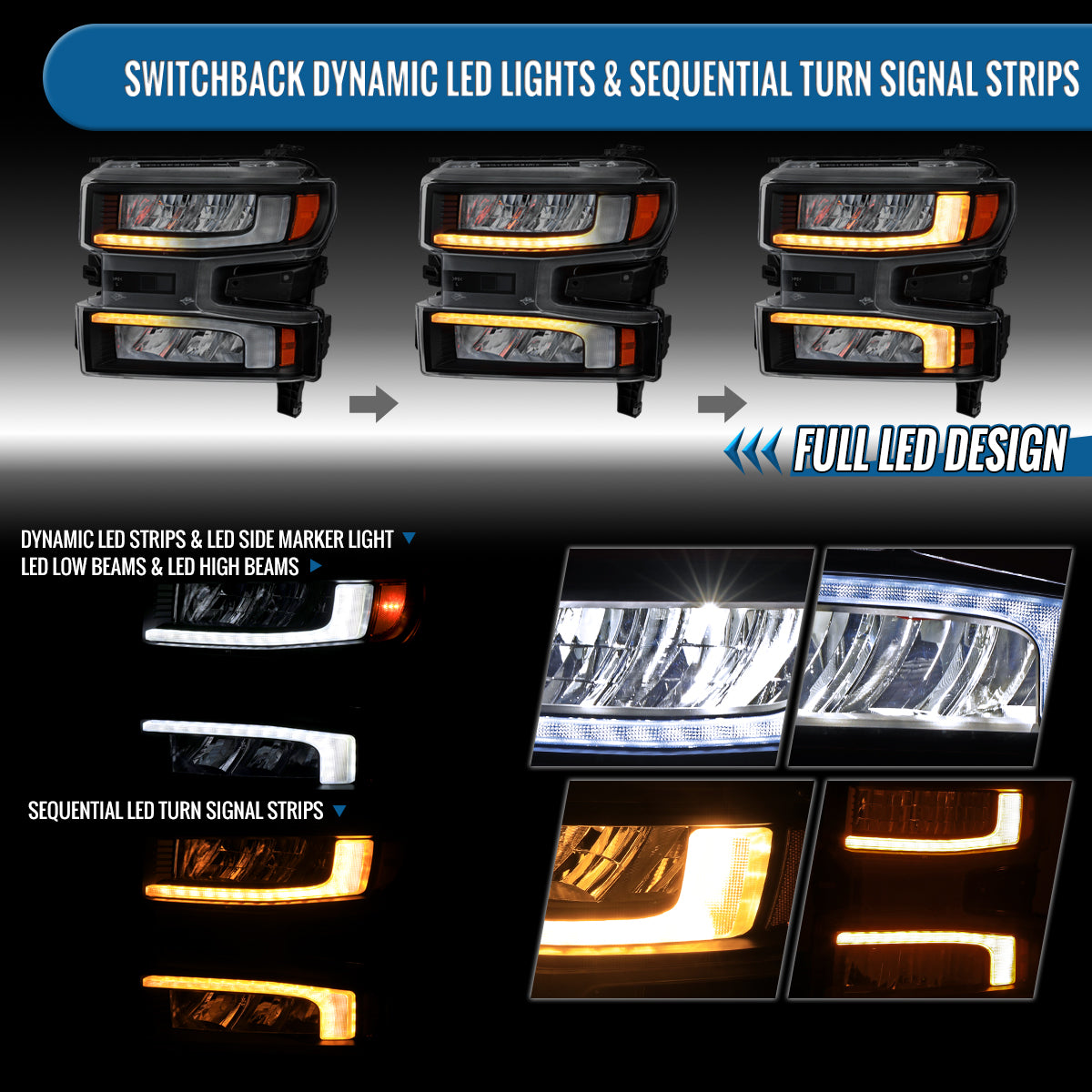 Ronnin - Fits 2019-2021 Chevy Silverado 1500 '22 Silverado 1500 LTD Upgraded Full LED Headlights Switchback Sequential Turn Signals + Animated Startup Effect Pair | Black