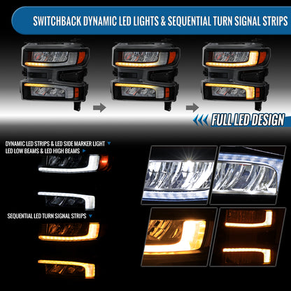 Ronnin - Fits 2019-2021 Chevy Silverado 1500 '22 Silverado 1500 LTD Upgraded Full LED Headlights Switchback Sequential Turn Signals + Animated Startup Effect Pair | Black