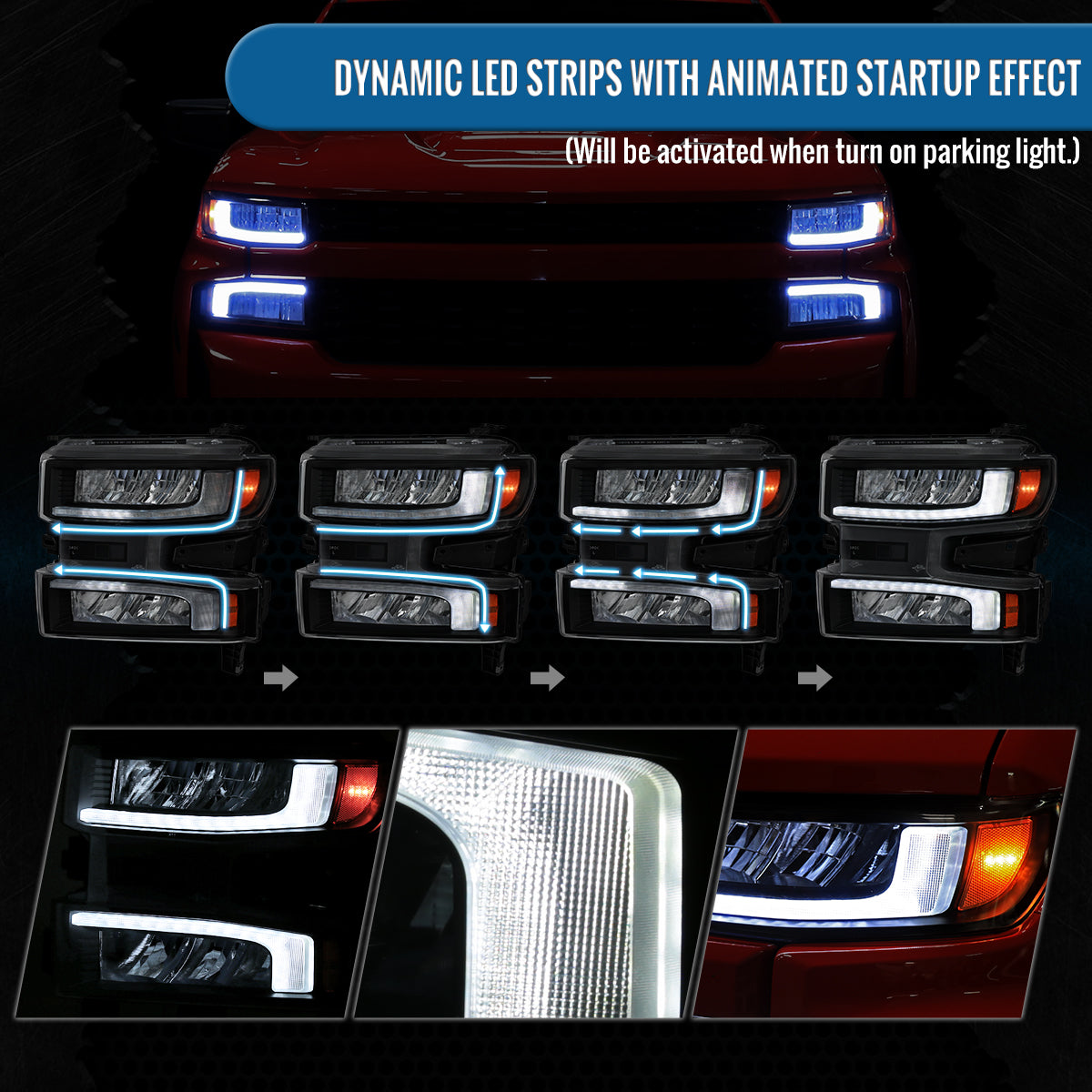 Ronnin - Fits 2019-2021 Chevy Silverado 1500 '22 Silverado 1500 LTD Upgraded Full LED Headlights Switchback Sequential Turn Signals + Animated Startup Effect Pair | Black