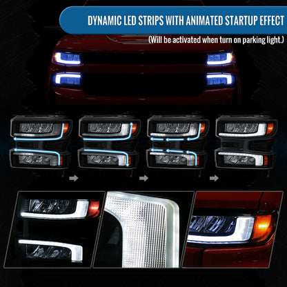 Ronnin - Fits 2019-2021 Chevy Silverado 1500 '22 Silverado 1500 LTD Upgraded Full LED Headlights Switchback Sequential Turn Signals + Animated Startup Effect Pair | Black