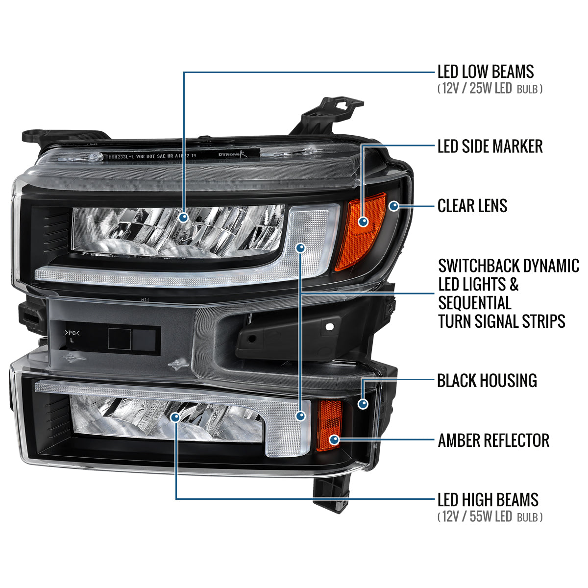 Ronnin - Fits 2019-2021 Chevy Silverado 1500 '22 Silverado 1500 LTD Upgraded Full LED Headlights Switchback Sequential Turn Signals + Animated Startup Effect Pair | Black