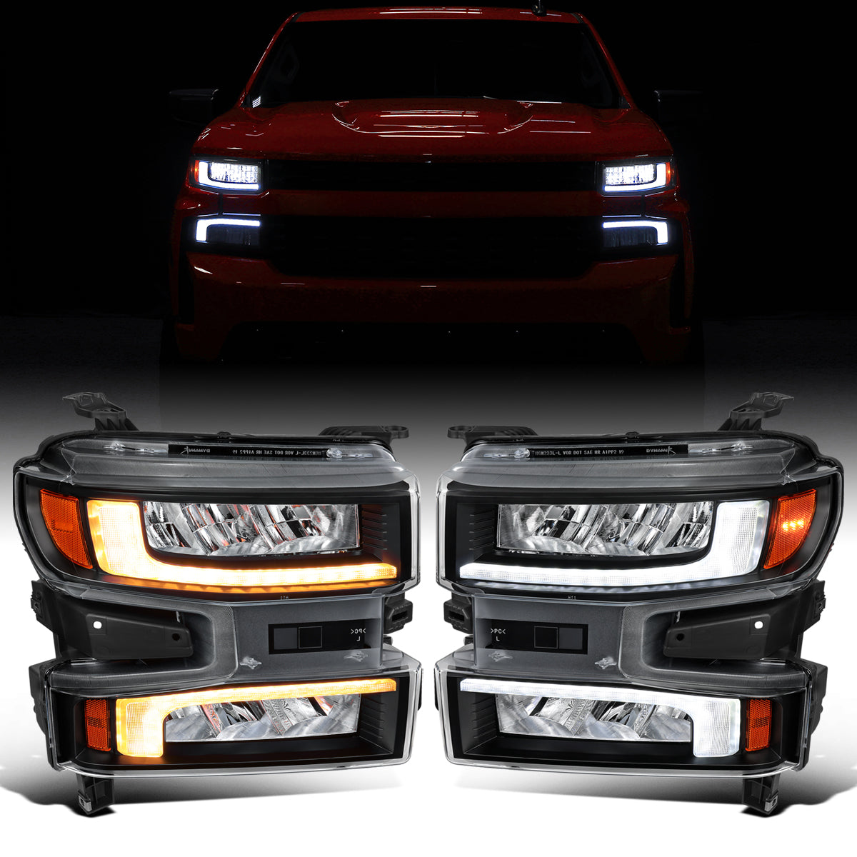 Ronnin - Fits 2019-2021 Chevy Silverado 1500 '22 Silverado 1500 LTD Upgraded Full LED Headlights Switchback Sequential Turn Signals + Animated Startup Effect Pair | Black