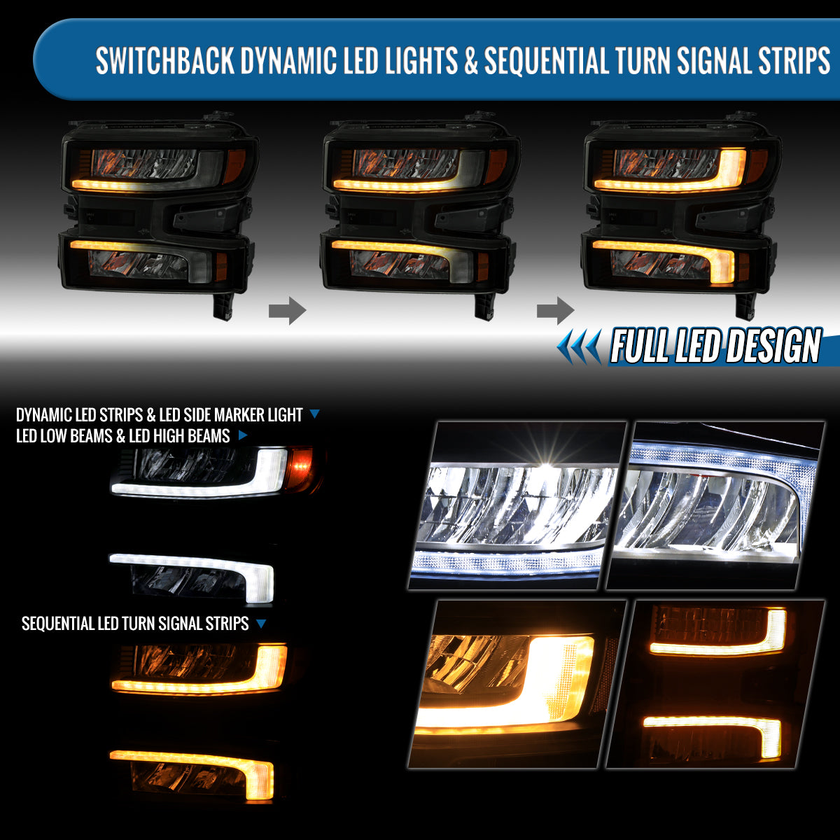 Ronnin - Fits 2019-2021 Chevy Silverado 1500 '22 Silverado 1500 LTD Halogen Upgraded Replacement Full LED Headlights Switchback Sequential Turn Signals + Animated Startup Effect Pair | Black Smoke