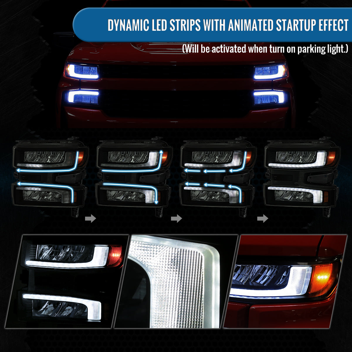 Ronnin - Fits 2019-2021 Chevy Silverado 1500 '22 Silverado 1500 LTD Halogen Upgraded Replacement Full LED Headlights Switchback Sequential Turn Signals + Animated Startup Effect Pair | Black Smoke