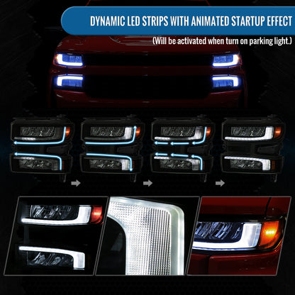 Ronnin - Fits 2019-2021 Chevy Silverado 1500 '22 Silverado 1500 LTD Halogen Upgraded Replacement Full LED Headlights Switchback Sequential Turn Signals + Animated Startup Effect Pair | Black Smoke