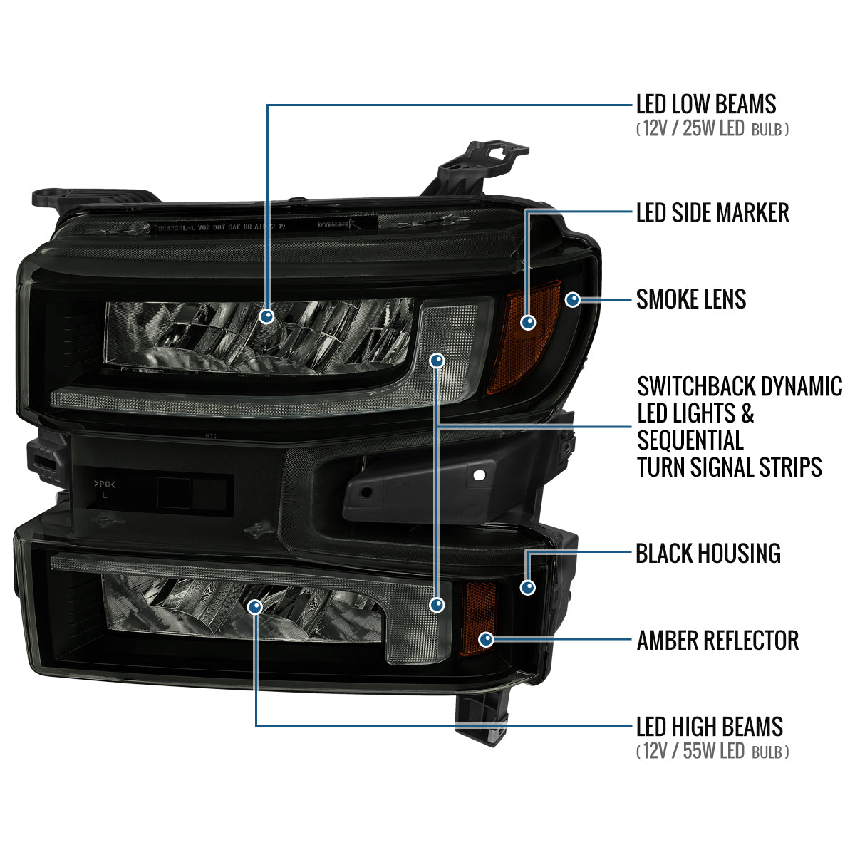 Ronnin - Fits 2019-2021 Chevy Silverado 1500 '22 Silverado 1500 LTD Halogen Upgraded Replacement Full LED Headlights Switchback Sequential Turn Signals + Animated Startup Effect Pair | Black Smoke