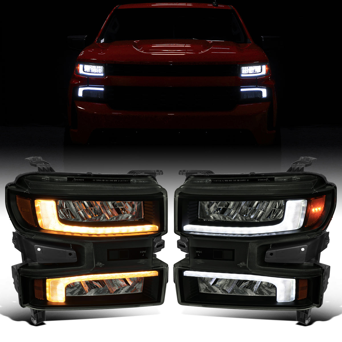 Ronnin - Fits 2019-2021 Chevy Silverado 1500 '22 Silverado 1500 LTD Halogen Upgraded Replacement Full LED Headlights Switchback Sequential Turn Signals + Animated Startup Effect Pair | Black Smoke