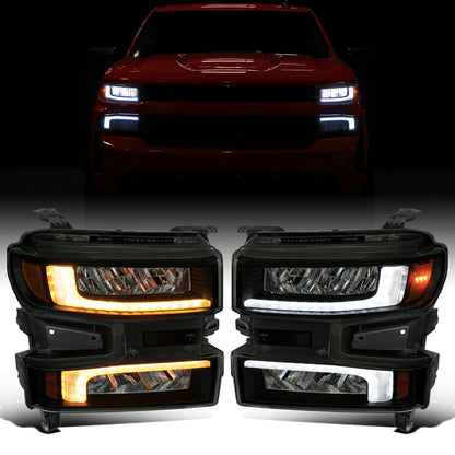 Ronnin - Fits 2019-2021 Chevy Silverado 1500 '22 Silverado 1500 LTD Halogen Upgraded Replacement Full LED Headlights Switchback Sequential Turn Signals + Animated Startup Effect Pair | Black Smoke