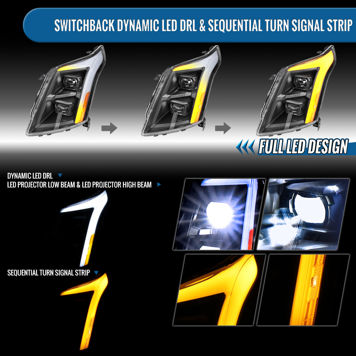 2010-2016 Cadillac SRX Upgrade For Halogen Type Full LED Dual Projector Headlights Switchback Sequential Turn Signals + Animated Startup Effect Pair | Black