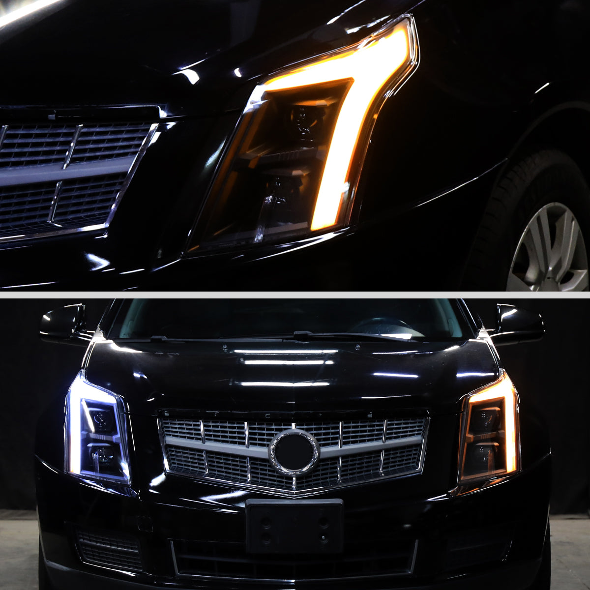2010-2016 Cadillac SRX Upgrade For Halogen Type Full LED Dual Projector Headlights Switchback Sequential Turn Signals + Animated Startup Effect Pair | Black