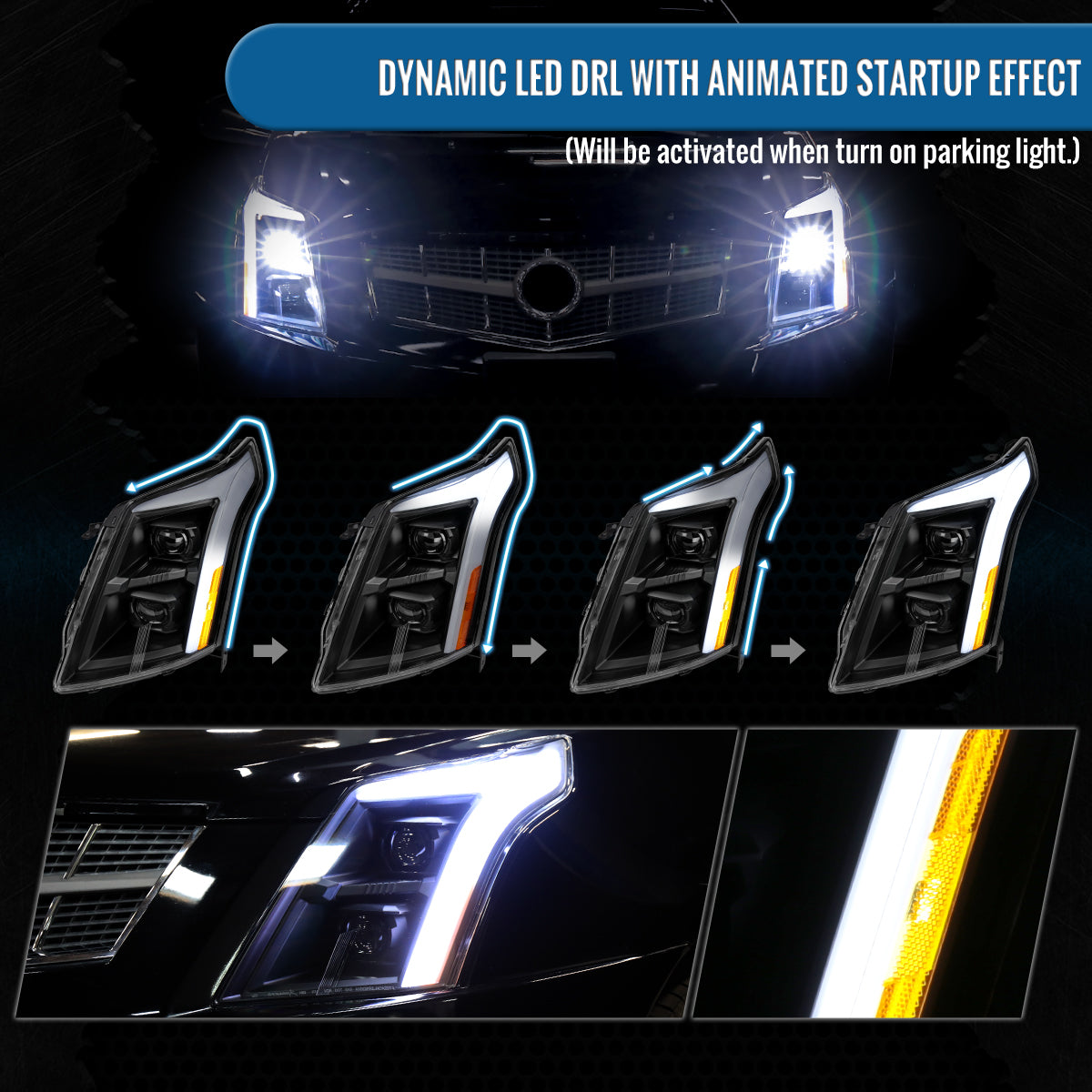 2010-2016 Cadillac SRX Upgrade For Halogen Type Full LED Dual Projector Headlights Switchback Sequential Turn Signals + Animated Startup Effect Pair | Black