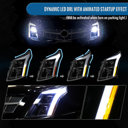2010-2016 Cadillac SRX Upgrade For Halogen Type Full LED Dual Projector Headlights Switchback Sequential Turn Signals + Animated Startup Effect Pair | Black