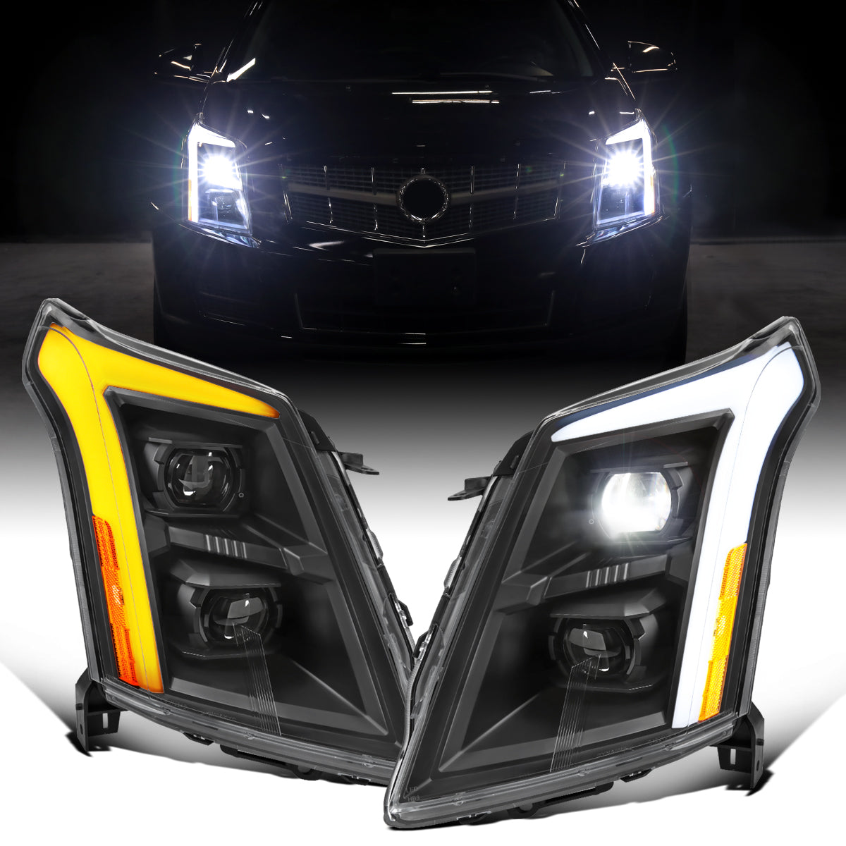 2010-2016 Cadillac SRX Upgrade For Halogen Type Full LED Dual Projector Headlights Switchback Sequential Turn Signals + Animated Startup Effect Pair | Black
