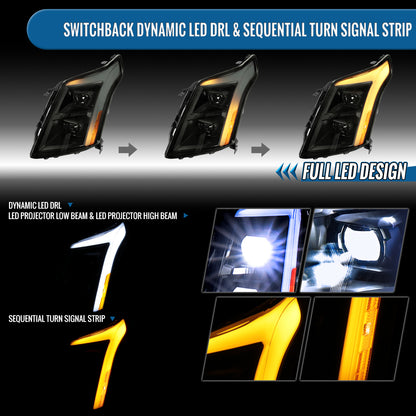 2010-2016 Cadillac SRX Upgrade For Halogen Type Full LED Dual Projector Headlights Switchback Sequential Turn Signals + Animated Startup Effect Pair | Black Smoke