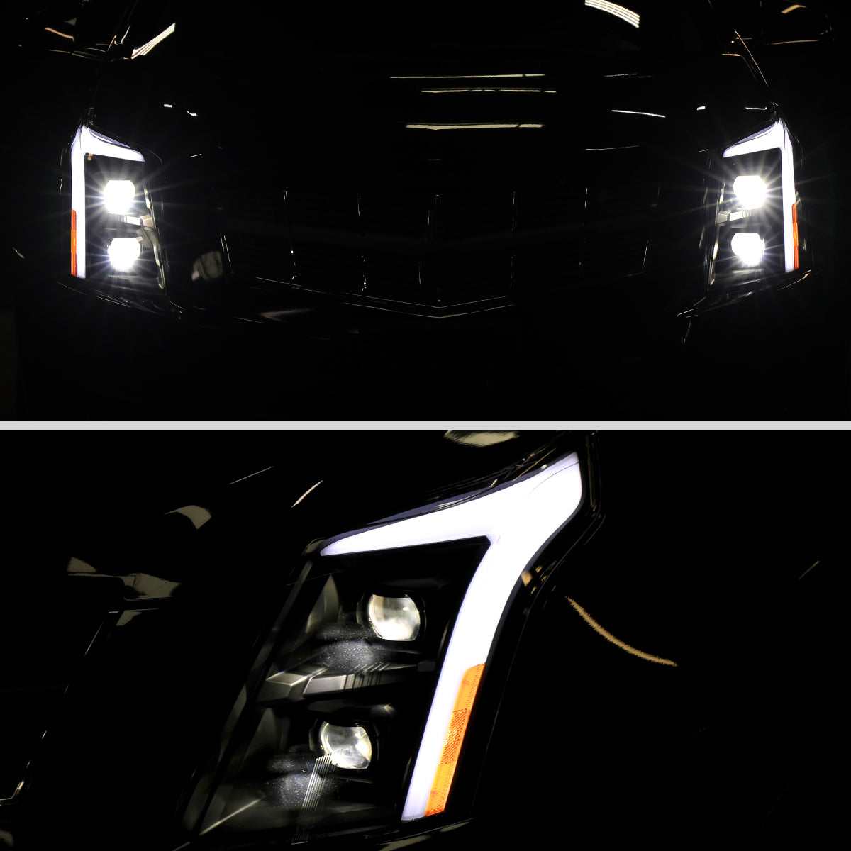 2010-2016 Cadillac SRX Upgrade For Halogen Type Full LED Dual Projector Headlights Switchback Sequential Turn Signals + Animated Startup Effect Pair | Black Smoke