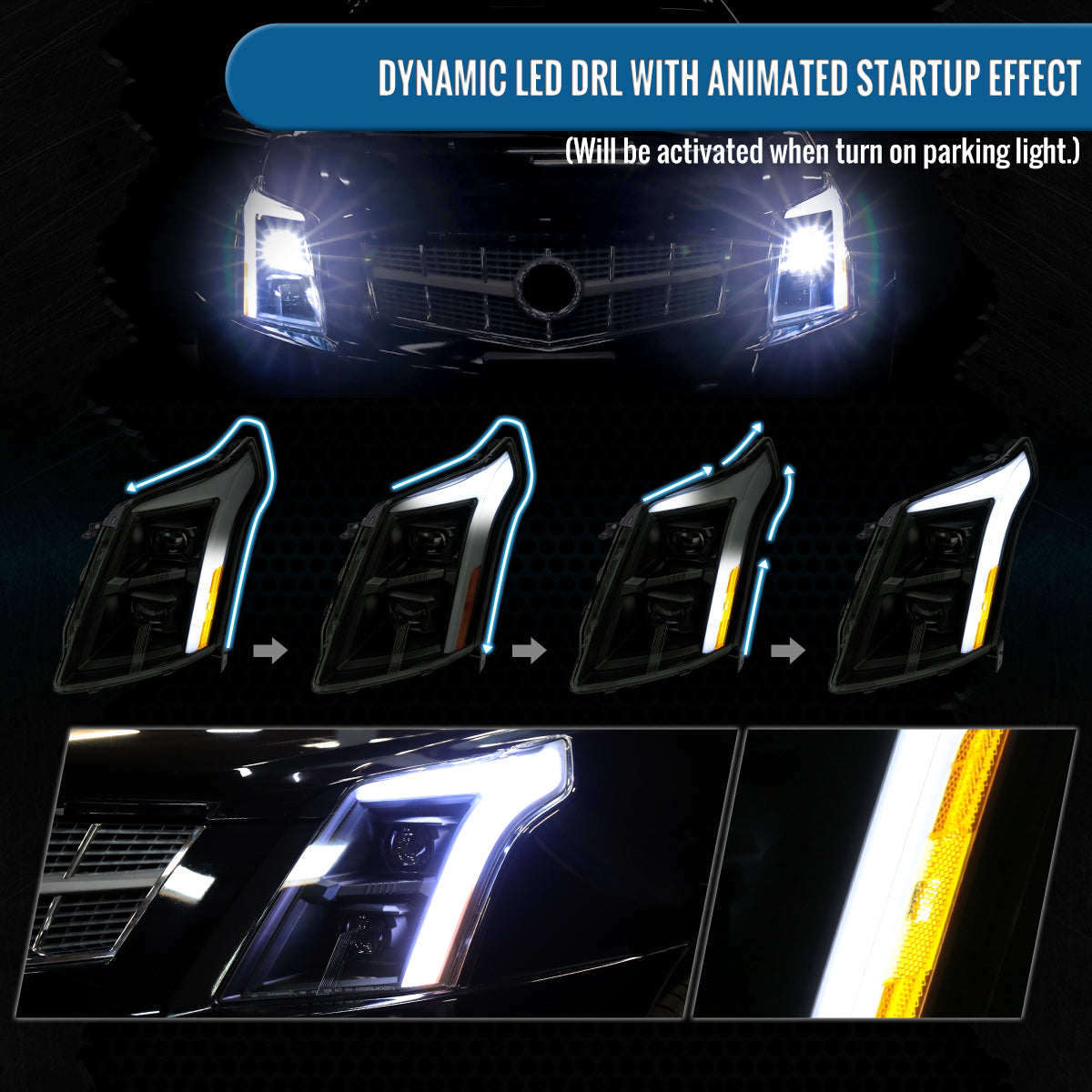 2010-2016 Cadillac SRX Upgrade For Halogen Type Full LED Dual Projector Headlights Switchback Sequential Turn Signals + Animated Startup Effect Pair | Black Smoke