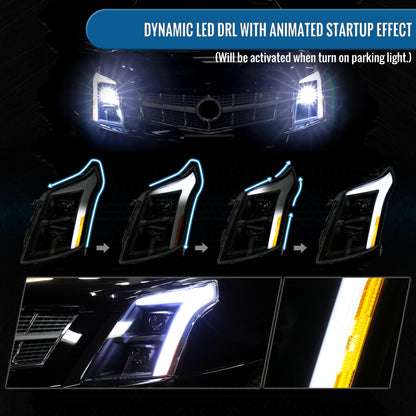 2010-2016 Cadillac SRX Upgrade For Halogen Type Full LED Dual Projector Headlights Switchback Sequential Turn Signals + Animated Startup Effect Pair | Black Smoke