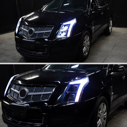 2010-2016 Cadillac SRX Upgrade For Halogen Type Full LED Dual Projector Headlights Switchback Sequential Turn Signals + Animated Startup Effect Pair | Black Smoke