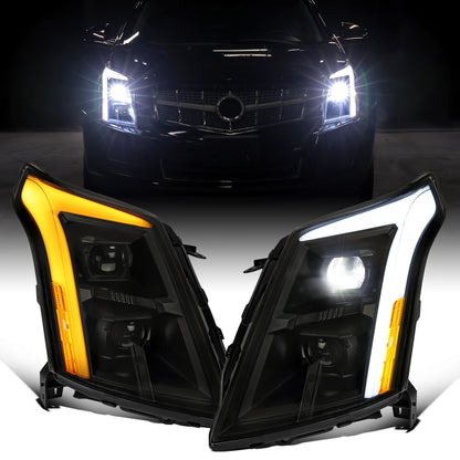 2010-2016 Cadillac SRX Upgrade For Halogen Type Full LED Dual Projector Headlights Switchback Sequential Turn Signals + Animated Startup Effect Pair | Black Smoke